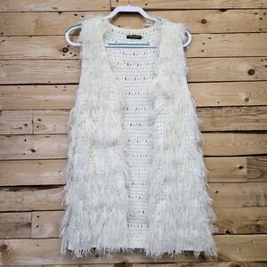 John Fashion Sweater Vest Womens Small Off White Fringe Shaggy Knit Boho